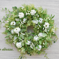 再販【Creema限定】爽やか1年中飾れる 白い小花が可愛いグリーンリース♪_30センチ 6枚目の画像
