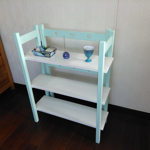 小さい折りたたみシェルフ ミントグリーン 棚色白 飾り棚 高さ76cm 棚