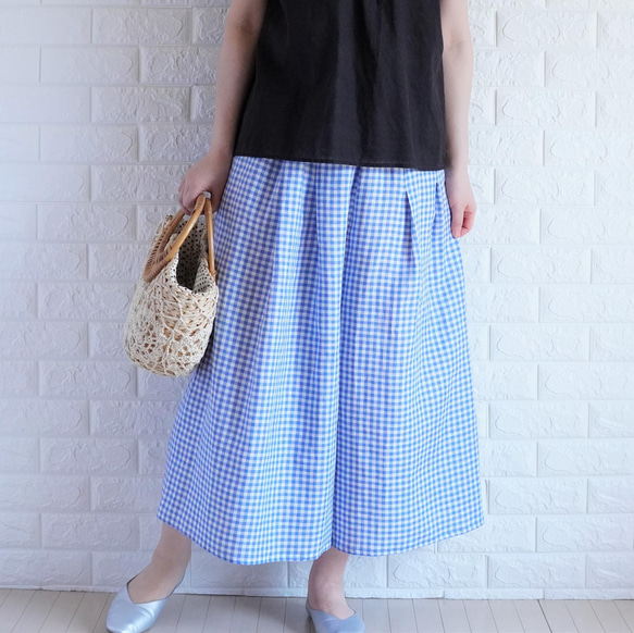 サンプル品SALE【リネンタックギャザーパンツ】【水色ギンガムチェック
