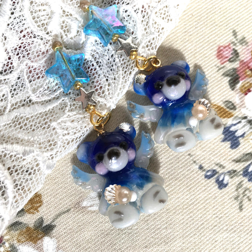 海で真珠を抱いた天使のくまちゃん♥ピアス(イヤリング)(´˘`＊)お誕生 