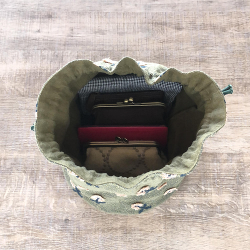 skip 丸底の巾着バッグ(khaki) ミナペルホネンファブリック使用 巾着