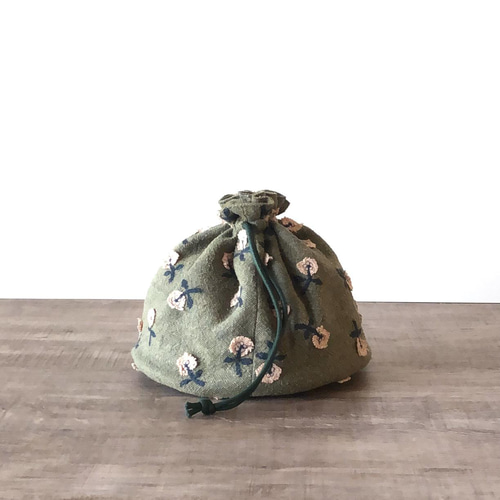 skip 丸底の巾着バッグ(khaki) ミナペルホネンファブリック使用 巾着