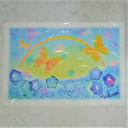 ネモフィラ/蝶々/虹/小鳥/春の丘　絵葉書4枚セット(和紙)　パステルアート 2枚目の画像