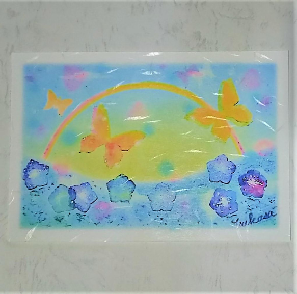 ネモフィラ/蝶々/虹/小鳥/春の丘　絵葉書4枚セット(和紙)　パステルアート 2枚目の画像