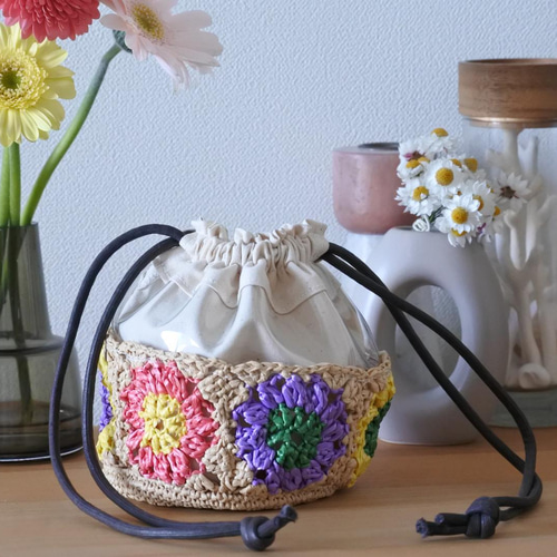 かご × クリア お花モチーフ 巾着バッグ かごバッグ kiboko 通販  