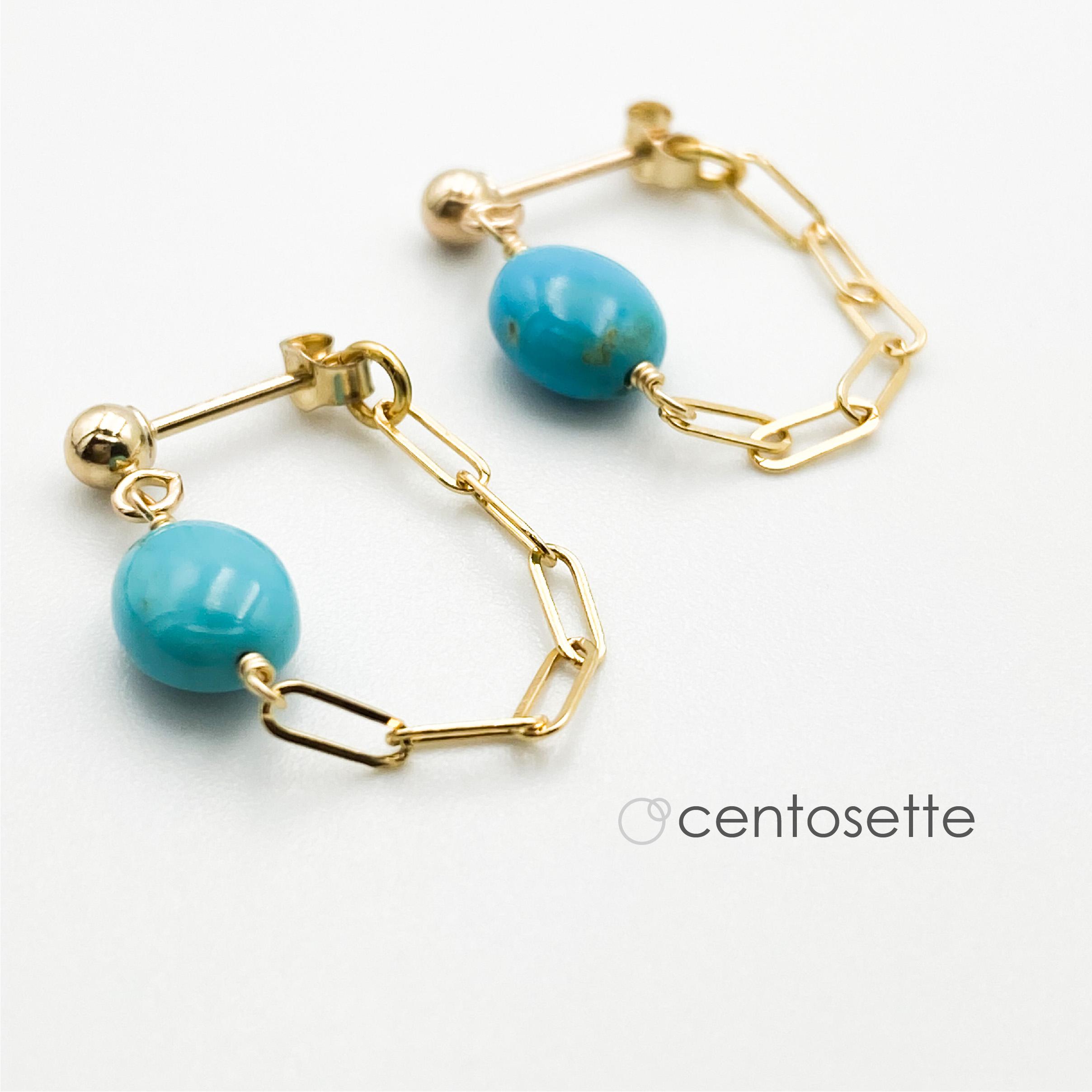 【再販】小粒キングマンターコイズ14KGFチェーンフープピアス/サージカルステンレスピアス・ネジバネイヤリング金具変更可