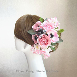 ピンクの薔薇とアネモネのヘッドドレス　八重桜　サクラ　桜　 桜の髪飾り　成人式　卒業式　結婚式　ウエディング 1枚目の画像