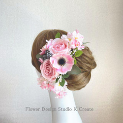 ピンクの薔薇とアネモネのヘッドドレス　八重桜　サクラ　桜　 桜の髪飾り　成人式　卒業式　結婚式　ウエディング 2枚目の画像
