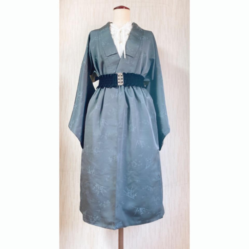展示品　◇着物リメイク◇  セットアップ　青緑　シースルー　ベルト付き　1点もの 展示品 ◇着物リメイク◇ セットアップ 青緑 シースルー ベルト
