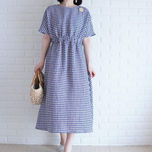ネイビーギンガムチェックリネン】【半袖ロングワンピース】楽なのに  