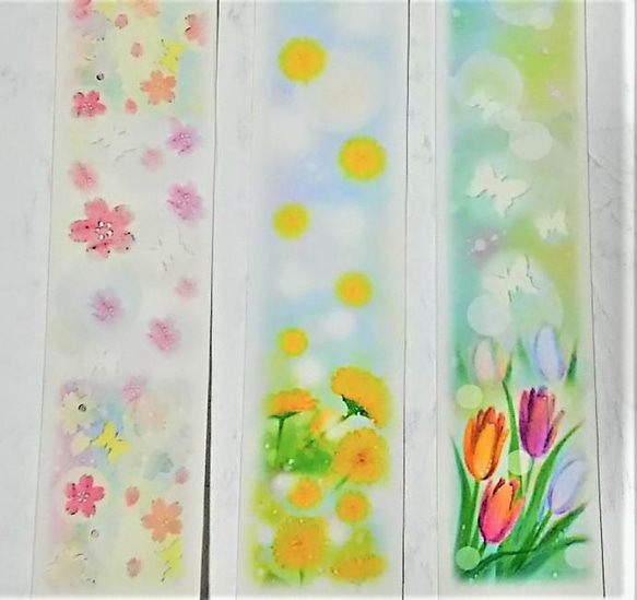 3種の春の栞(しおり)　 桜・たんぽぽ・チューリップ　パステルアート・ブックマーク 2枚目の画像