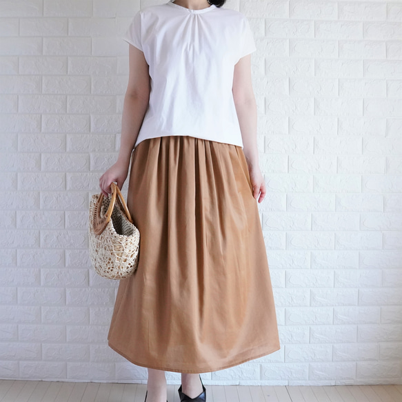 【サテンコットン艶スカート】【キャメル】まるでシルクのようなギャザースカート かるいマキシ丈スカート 10枚目の画像