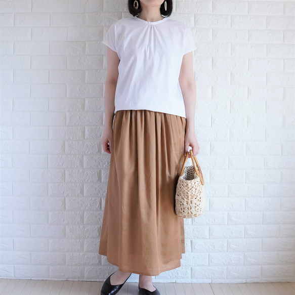 【サテンコットン艶スカート】【キャメル】まるでシルクのようなギャザースカート かるいマキシ丈スカート 3枚目の画像
