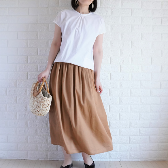 【サテンコットン艶スカート】【キャメル】まるでシルクのようなギャザースカート かるいマキシ丈スカート 8枚目の画像