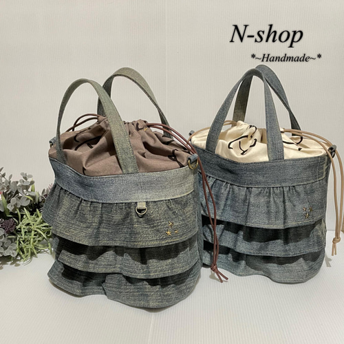 デニム*リメイク♪フリルトートバッグ❥ハンドメイド❥ トートバッグ N 