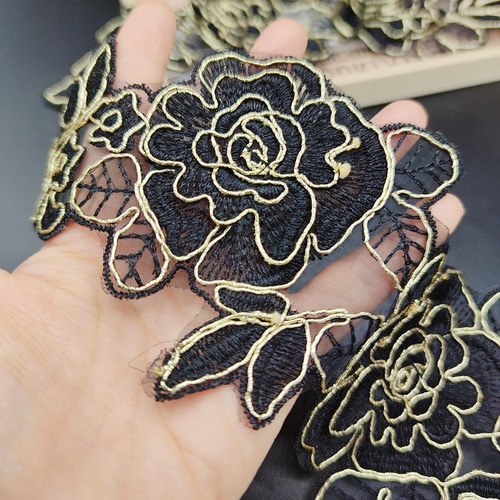 品番HR514 ブラック 花刺繍 モチーフ 2枚 薔薇 飾り ドレス