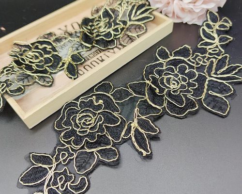 品番HR514 ブラック 花刺繍 モチーフ 2枚 薔薇 飾り ドレス