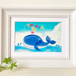 透明水彩画　A4ポスター「のんびりクジラ」イラスト　インテリアポスター　海　夏　くじら　壁掛け　母の日ギフト　花 1枚目の画像