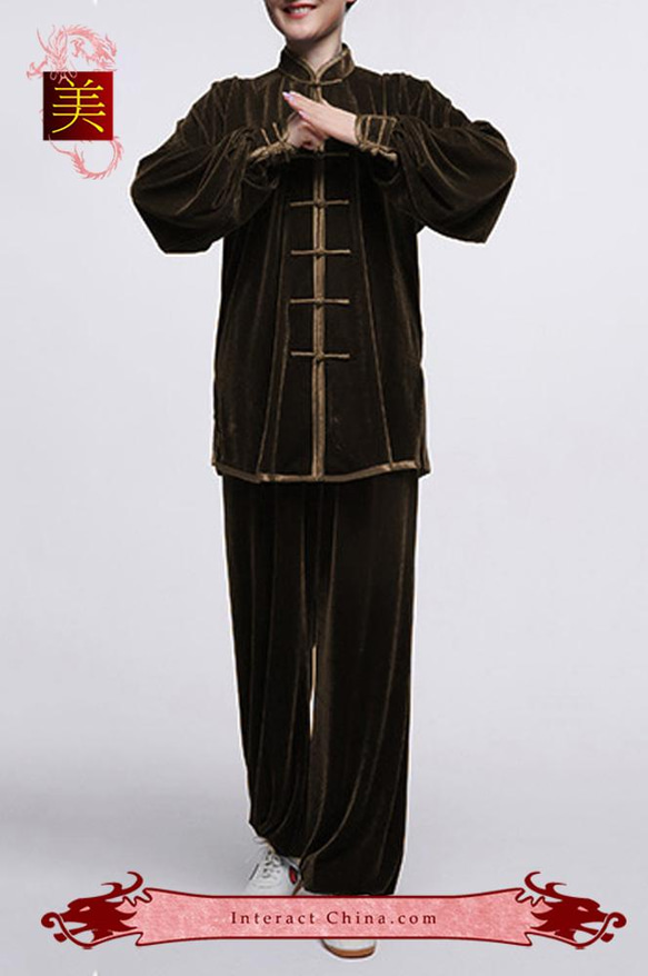 オーダーメ－ド職人仕上げ ベルベット 手作りユニセックス ブラウン 太極拳スーツセット＃102 3枚目の画像