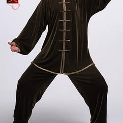 オーダーメ－ド職人仕上げ ベルベット 手作りユニセックス ブラウン 太極拳スーツセット＃102 2枚目の画像