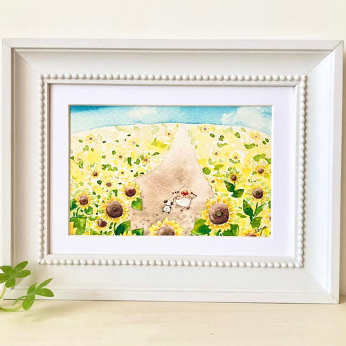 透明水彩画 A4ポスター「ひまわり畑でお散歩」イラスト インテリア