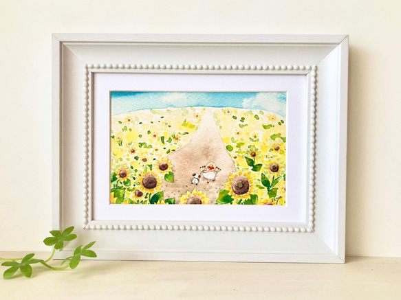 透明水彩画 A4ポスター「ひまわり畑でお散歩」イラスト インテリア