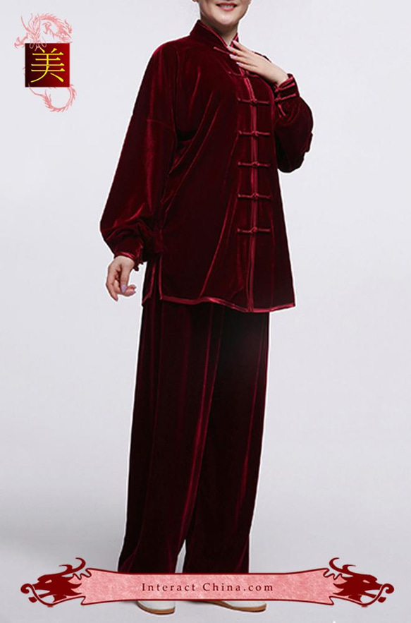 オーダーメ－ド職人仕上げ ベルベット 手作りユニセックス バーガンディー 太極拳スーツセット＃105 3枚目の画像