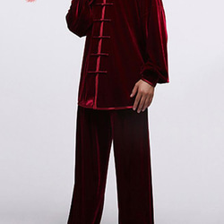 オーダーメ－ド職人仕上げ ベルベット 手作りユニセックス バーガンディー 太極拳スーツセット＃105 2枚目の画像