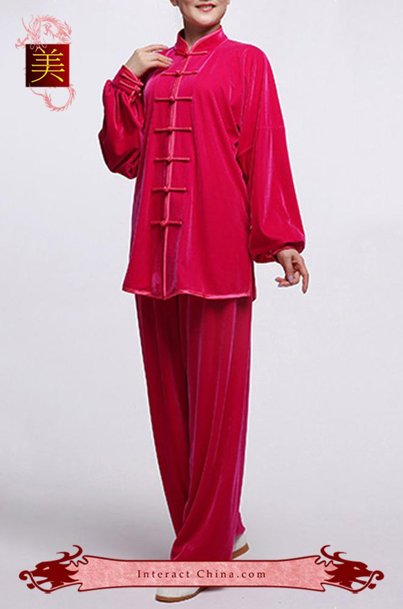 オーダーメ－ド職人仕上げ ベルベット 手作りユニセックス ディープピンク 太極拳スーツセット＃106 2枚目の画像
