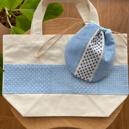 SALE》刺し子トートS 寄せ模様/水色 キャンバス ランチバッグ お散歩 