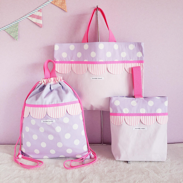 【3件套】帆布和扇貝●課包●鞋盒●背包粉色×紫色尺寸可變 第1張的照片