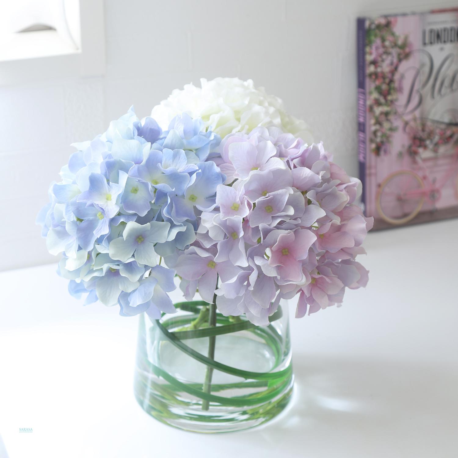 [特集掲載](マジカルウォーターアレンジ)ペールピンク＆ブルーのあじさい