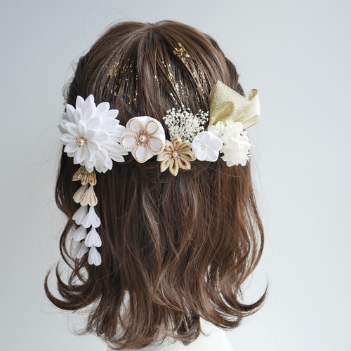 A439 つまみ細工 ドライフラワー 髪飾り 白 卒業式 袴 成人式 振袖