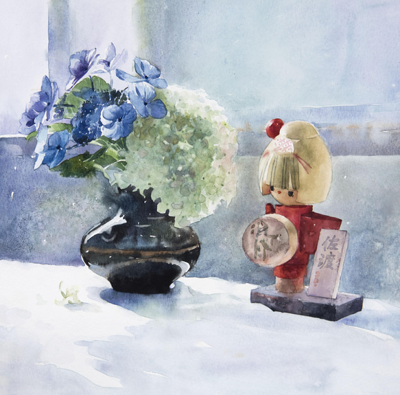 「花と遊ぶ」水彩原画 一点物 額縁付き　豪華プレゼント付き 2枚目の画像