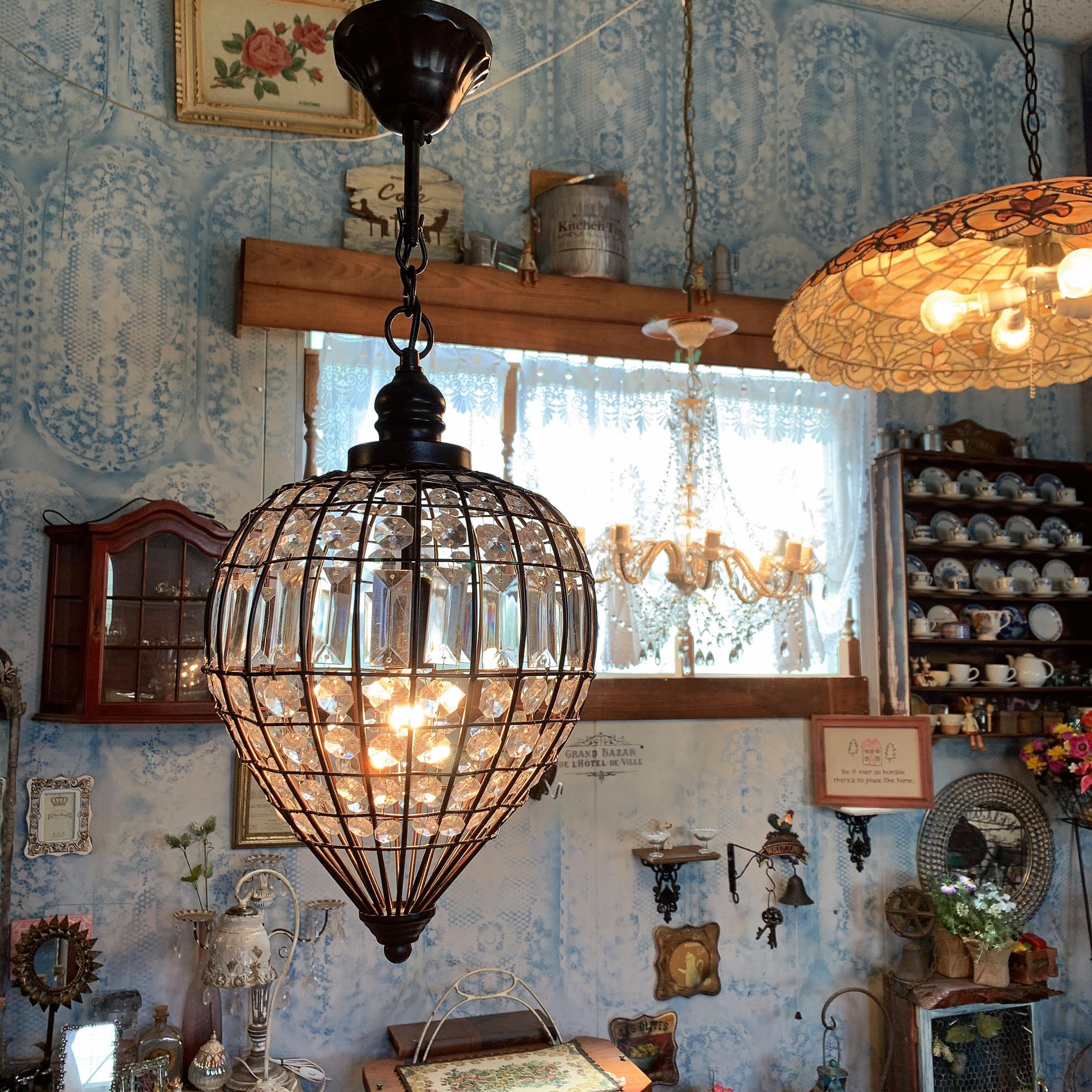 29. フランスアンティーク 古民家 ガラスシェードペンダントランプ