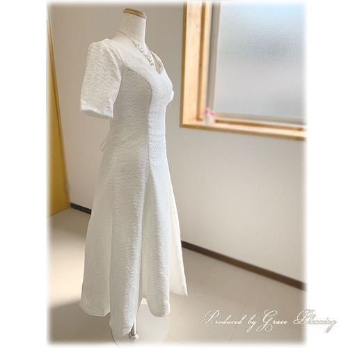 ウェディングドレス ミモレ丈 総レース 半袖ワンピース ひざ下 7号9号