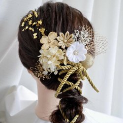 つまみ細工　黒　アイボリー　ゴールド T1 つまみ細工ロープアレンジ髪飾り ゴールド《10パーツ》 ヘッド