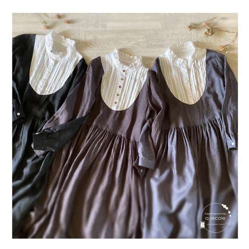 送料無料】フリル襟のツートンカラーワンピース（ブラウン