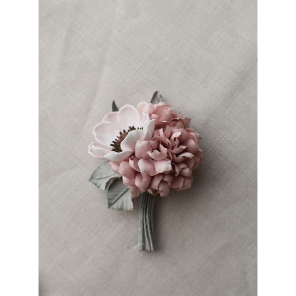 【布花】アネモネと紫陽花の花束コサージュ（ピンク）/一点物 7枚目の画像