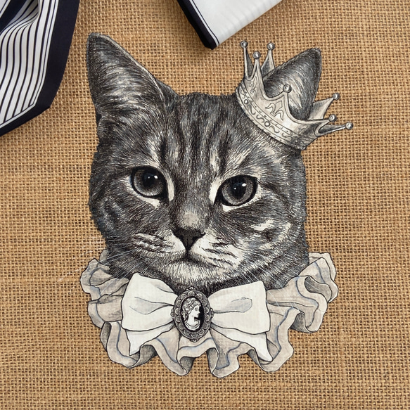 オリジナル 猫 手描き ジュートバッグ ねこ ネコ 鞄 size M ツイリースカーフ付 かごバッグ 3枚目の画像