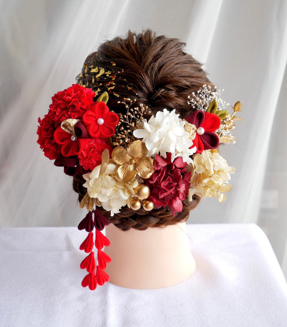 T31 つまみ細工 マム ドライフラワー 髪飾り 赤 卒業式 袴 成人式 振袖