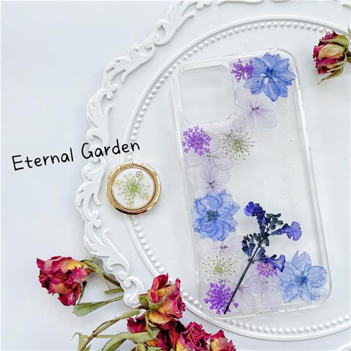 紫陽花ハンドメイド2022、押し花スマホケース、全機種対応、ストラップ