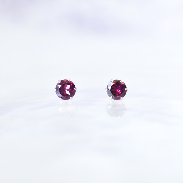 天然石ロードライトガーネットのシンプルな一粒スタッドピアス】赤紫