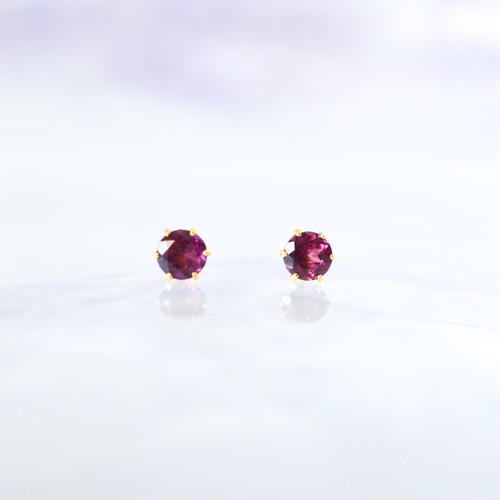 天然石ロードライトガーネットのシンプルな一粒スタッドピアス】赤紫
