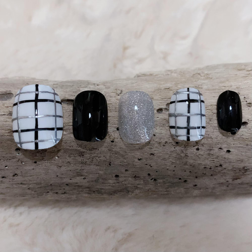 モノトーンチェックネイル ネイルチップ（つけ爪） メンズネイルチップ