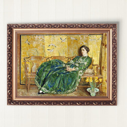 陶板画　リンドウ　額入り　昭和レトロモダン　かわいい絵柄　美術品　和風 NO.378】屏風と緑色ドレスの女性絵画アートポスター☆和柄和