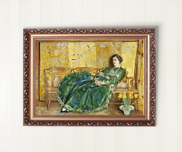 陶板画　リンドウ　額入り　昭和レトロモダン　かわいい絵柄　美術品　和風 NO.378】屏風と緑色ドレスの女性絵画アートポスター☆和柄和