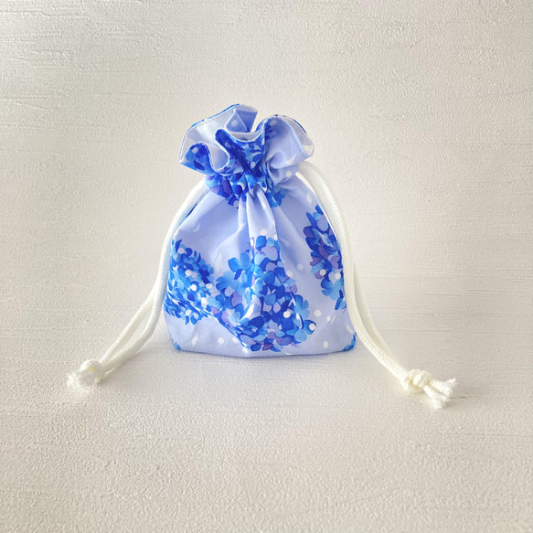 青い紫陽花柄の小さな巾着ポーチ 8枚目の画像