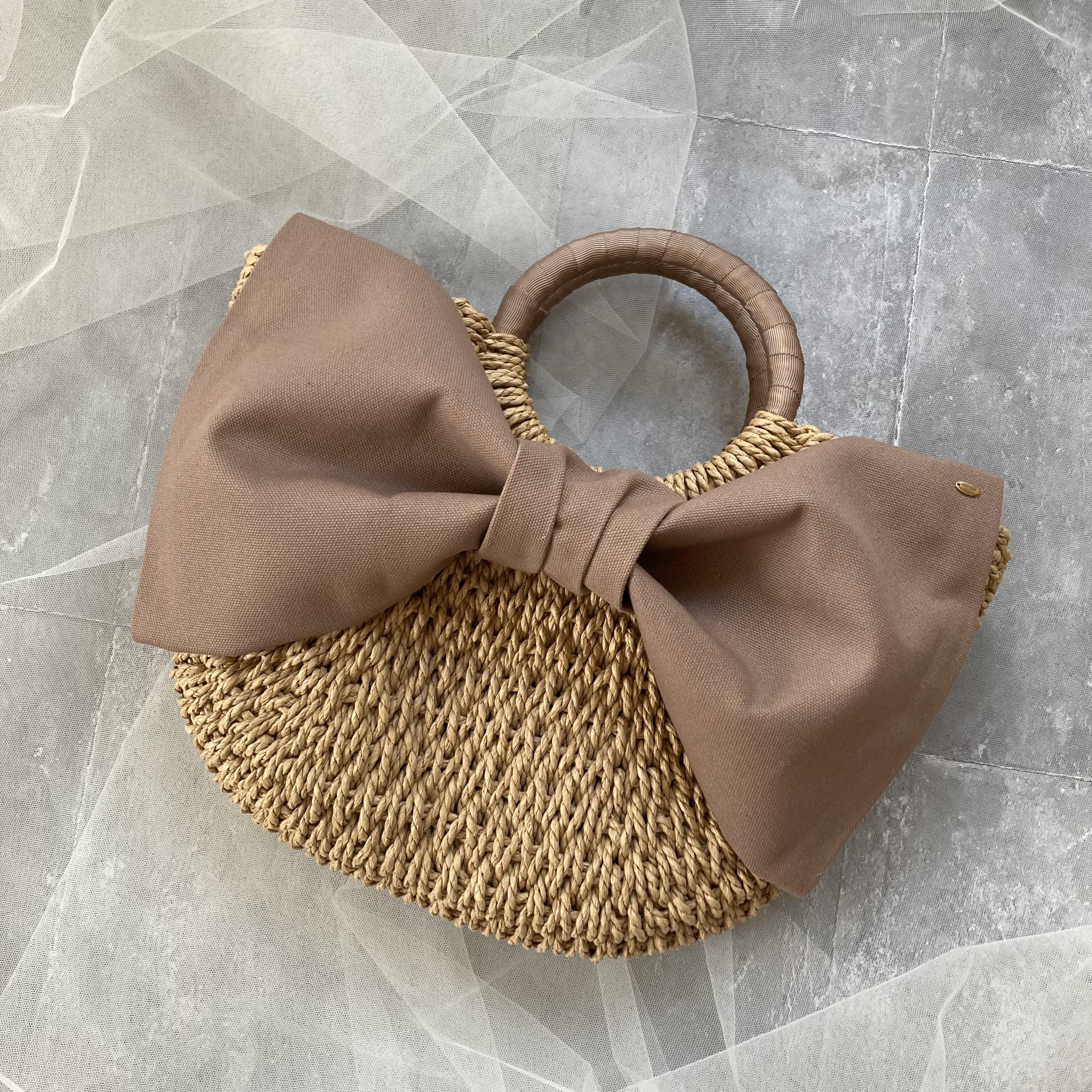 大きいリボンがかわいい♡カゴ風バッグ　サンドベージュ　My name bag カゴバッグ　リボンバッグ