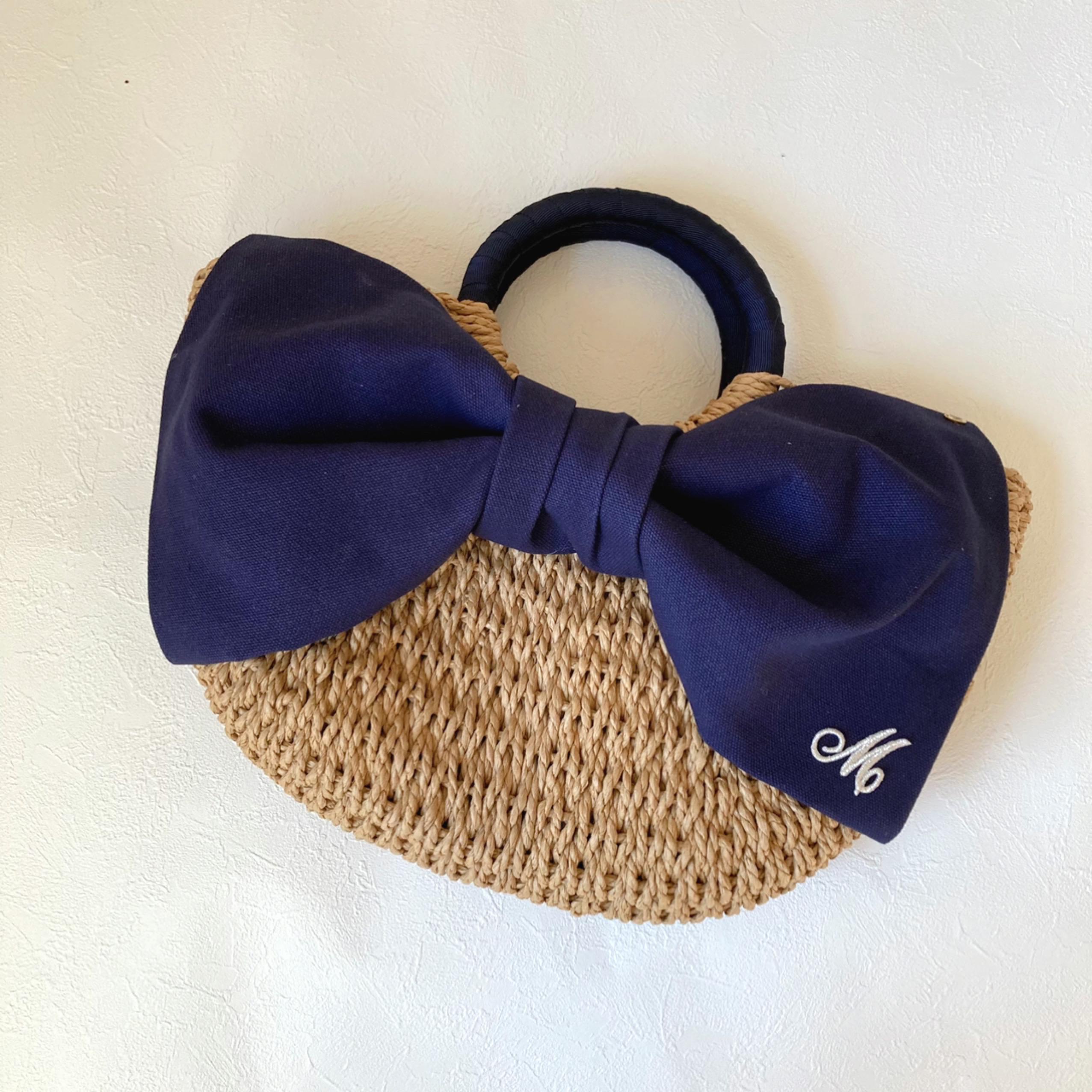 大きいリボンがかわいい♡カゴ風バッグ　サンドベージュ　My name bag カゴバッグ　リボンバッグ